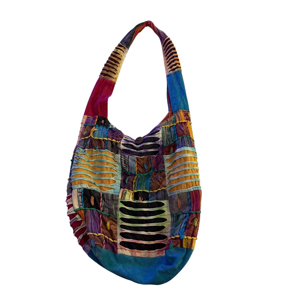 Boho Patchwork Hobo Bag Multi Color Embroidered Slashed Shoulder Bag Hippie
